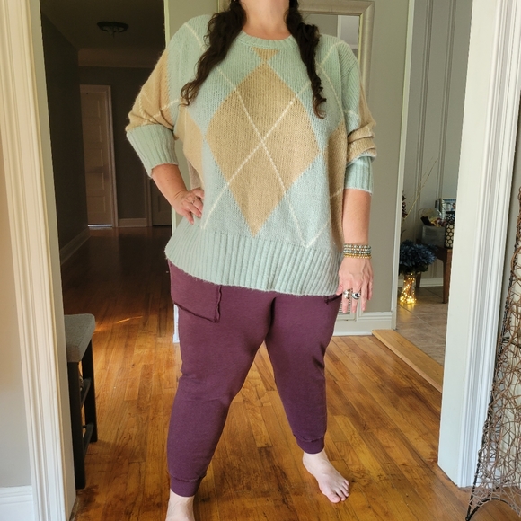 Ellos Plus Size Oversized Antique Mint Argyle Pullover Sweater Size 2X - Picture 8 of 16
